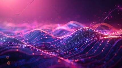 Abstract image capturing flowing waves of digital particles, illustrated with deep reds and blues and twinkling light particles on a cosmic background.