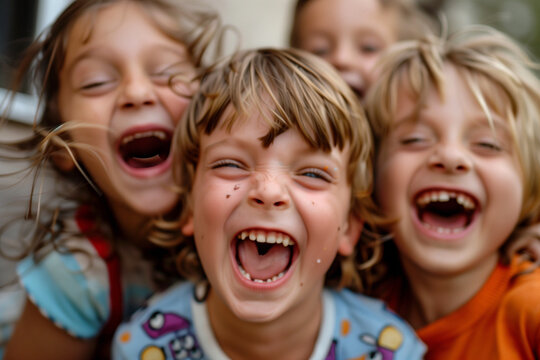 A group of children are smiling and posing for a picture. Scene is happy and joyful