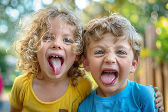 Two young children are smiling and laughing, one of them has a tongue sticking out. Scene is happy and playful