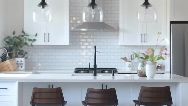 An allwhite kitchen with a white subway tile backsplash modern pendant lighting and minimalistic bar stools for seating at the island. . .