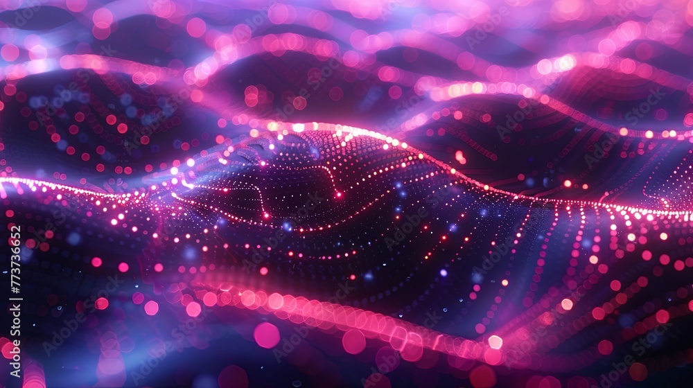 Poster abstract background showcases waves of neon particles, punctuated by luminous dots, creating a futuristic and dynamic digital landscape on a dark backdrop.