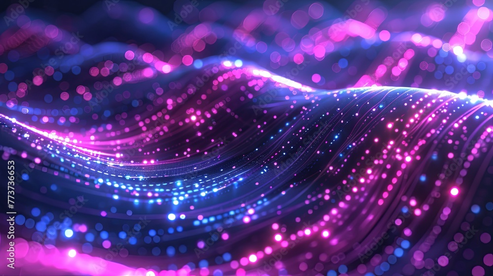 Aufkleber abstract background showcases waves of neon particles, punctuated by luminous dots, creating a futuristic and dynamic digital landscape on a dark backdrop.