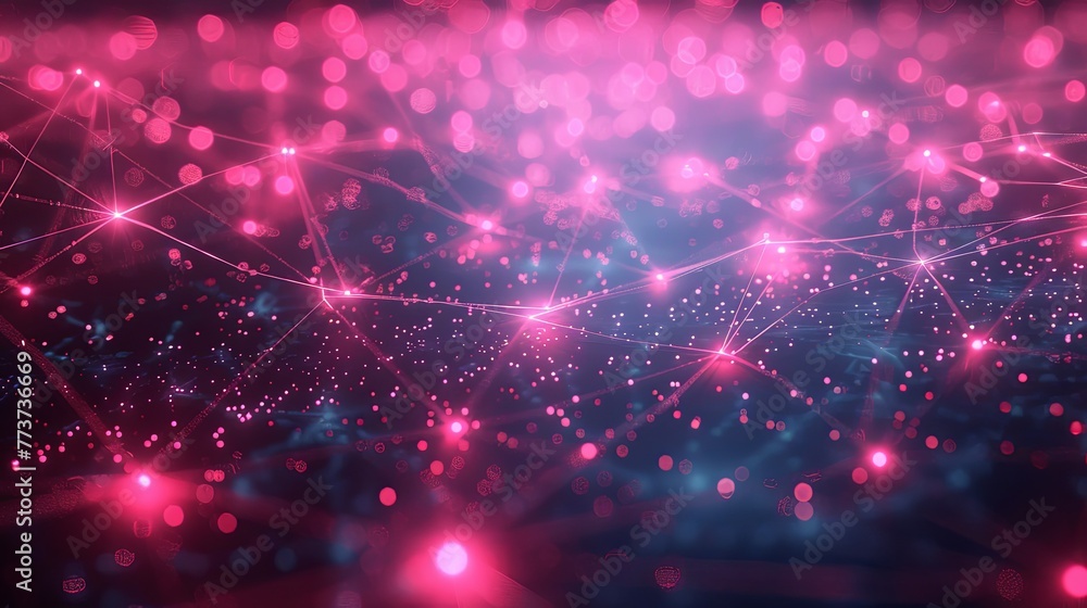 Poster abstract background showcases waves of neon particles, punctuated by luminous dots, creating a futuristic and dynamic digital landscape on a dark backdrop.