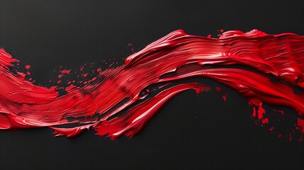 glossy red brush strokes sweep across a dark surface, complemented by an energetic splatter, embodying passion and drama in a powerful abstract composition.