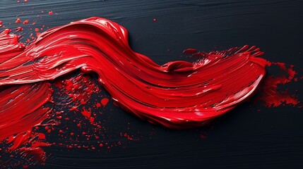 A vibrant red acrylic paint brush stroke, with a glossy, almost reflective finish, sweeping across a matte black background.