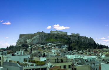 Athens, Greece. Acropolis and Parthenon temple. Ancient remains and city from Lycabettus Hill.