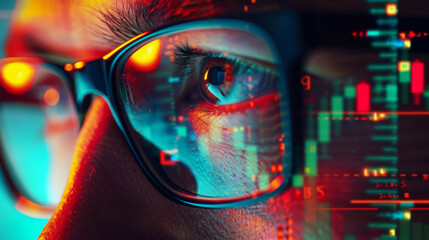 A close-up of an eye reflecting vibrant digital stock market data through glasses.