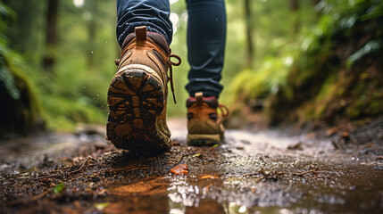 Hiking Adventure Close-up of Boots on Forest Trail ,man hiker legs walking on trail in forest. healthy lifestyle  ,man hiker legs walking on trail in beauty forest. healthy lifestyle - obrazy, fototapety, plakaty