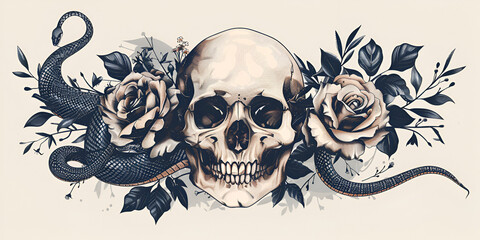 Skull roses and snake isolated on a white background.. generative ai