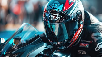 Close-up of a motorcycle racer wearing a helmet