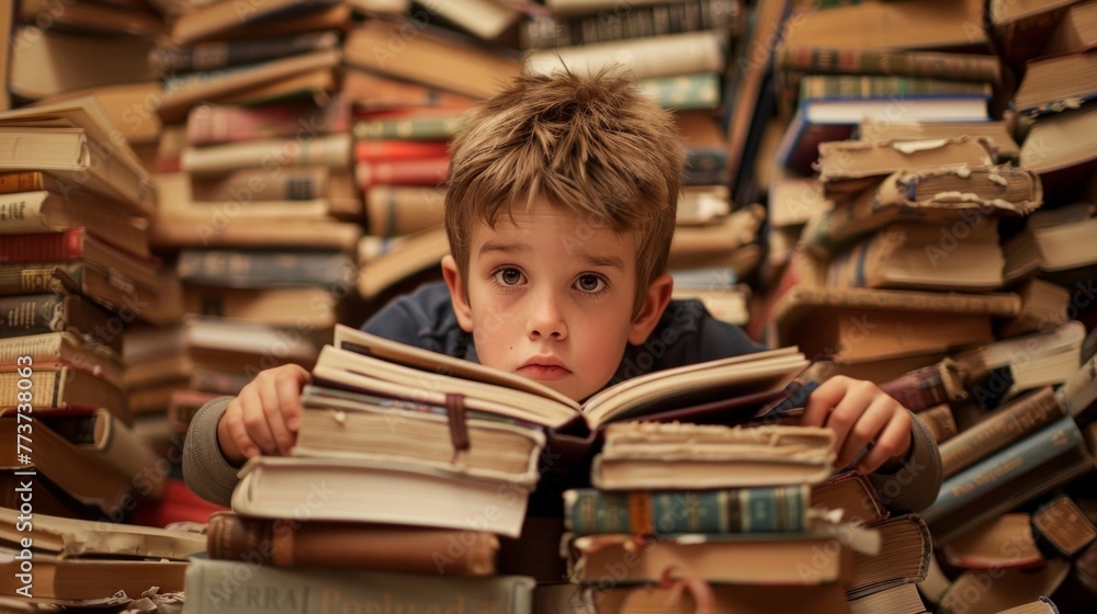 Poster a young boy absorbed in reading a book while sitting in front of a stack of books