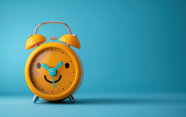 cartoon character happy smiling orange alarm clock on blue isolated background