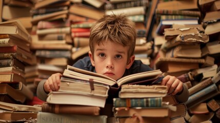 A young boy absorbed in reading a book while sitting in front of a stack of books
