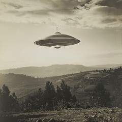 Retro UFO flying saucer over rural landscape in vintage 1950s 1960s photo journalism style black and white newspaper image