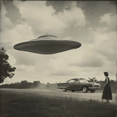 Woman on a road with a vintage car sees a retro UFO flying saucer over rural landscape in vintage...