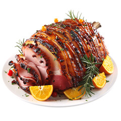 Roasted meat on a plate decorated isolated on white background , rosemary, lime