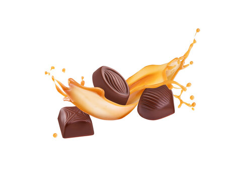 different chocolate candies with caramel splash in flight on a white background