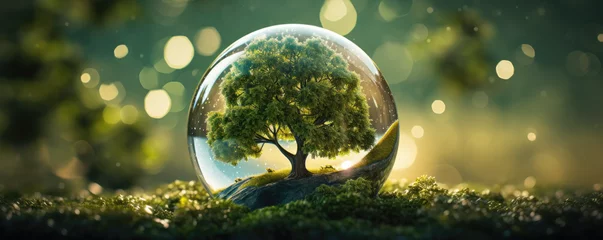 Deurstickers Tree of life growth inside earth globe glass, blurred bokeh nature background. Environment day, save clean planet, ecology concept design.   © ribelco
