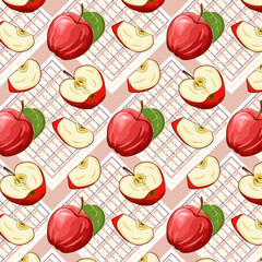 Apples on a checkered background. Vector pattern with whole and sliced apples on a checkered background.