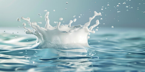 Milk splashes dynamically against a blue background, creating a crown-like shape and droplets in the air. - obrazy, fototapety, plakaty