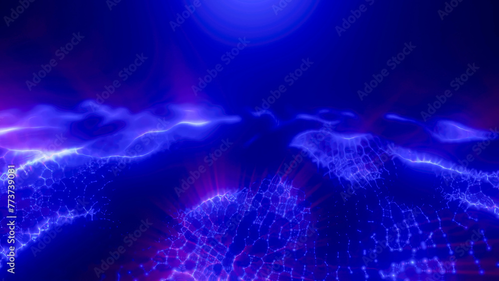 Poster blue energy magic digital high tech waves with light rays lines and energy particles. abstract backg