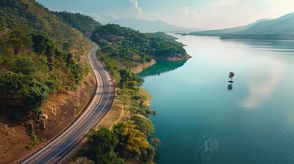 The highway cuts a picturesque path through the tranquil expanse of the lake, offering a scenic drive amidst serene waters and natural beauty 