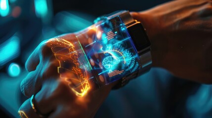 close-up of a person's wrist wearing a smartwatch that displays a futuristic holographic human anatomy diagram - obrazy, fototapety, plakaty