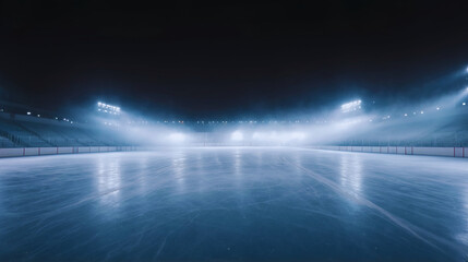 Empty illuminated ice hockey rink