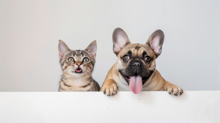 A cat and a dog peer over a ledge, with wide eyes and tongues out, in a display of adorable...