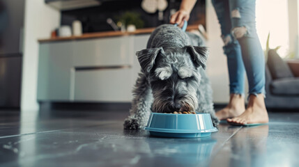 A Labrador eats from a metal bowl filled with dry food on a wooden floor. - obrazy, fototapety, plakaty