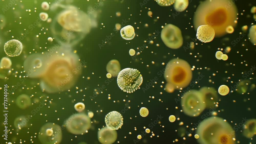 Poster a highly magnified image of pollen grains in motion as they are carried by the wind and look like a 