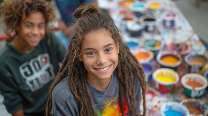 Fototapeta premium Teenagers embrace painting, splashing colors onto canvases with unrestrained energy, embodying the avant-garde spirit of creative exploration. 