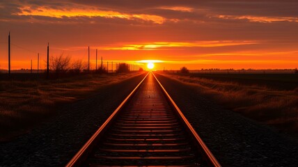 An orange sunset with the sun sinking into the horizon, track photography, romanticism, AI Generative - obrazy, fototapety, plakaty