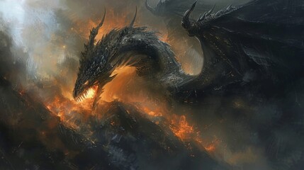 Illustrate a foreboding scene with an evil black dragon - obrazy, fototapety, plakaty