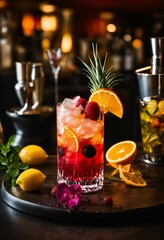 Create a visually stunning image that captures the artistry of mixology. Display a mesmerizing cocktail presentation with vibrant colors, meticulously crafted garnishes, and an ambiance that exudes so