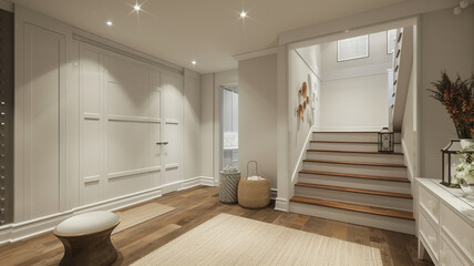 Warm wooden accents and white hues define this chic entryway. AI Generative.