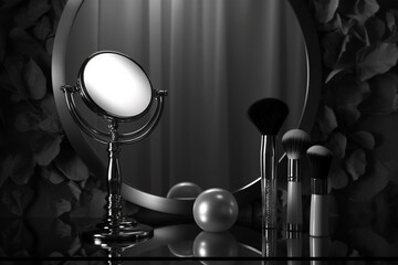 Beauty, fashion, make-up and lifestyles concept. Various woman make-up related objects background. Silver colored shades, black and white image