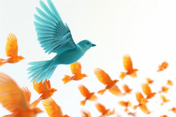 3D render of a turquoise bird flying in a different direction than orange birds