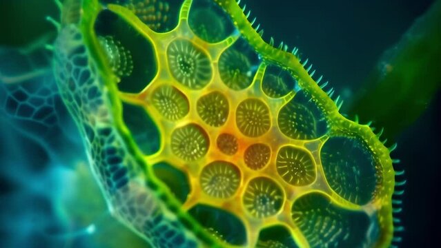 A brightlycolored image of a single tiny algae cell showcasing its unique shape and structures for photosynthesis. . AI generation.