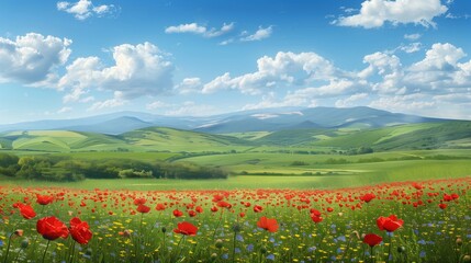spring and summer landscape with trees and flowers. Summer background.