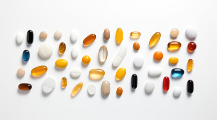 Healthcare and medical, pharmacy and medicine, antidepressant and vitamin concept. Group of 3d pills and medicine capsules on white background. Close-up of painkillers in top view flat lay
