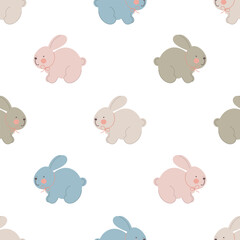 Seamless pattern with cute bunny on white background. Flat vector background. Creative texture for fabric, wrapping, textile, wallpaper, apparel.	