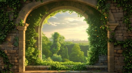 Garden window overlooking grassy terrain, framed against a backdrop of sky Architecture and nature blend in this scenic view