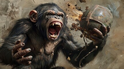 Monkey with a grenade. An excited monkey holds a live grenade in his paw. Monkey and bomb - obrazy, fototapety, plakaty