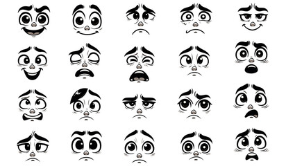A set of vector expressions of cartoon faces,  Different emotions and postures. Vector illustration. - obrazy, fototapety, plakaty