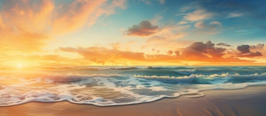 Sunset over the ocean with vibrant colors casting a warm glow, waves gently crashing on the sandy beach