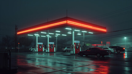 A gas station basks in the glow of its vibrant neon lights, creating a vivid contrast against the gloomy night atmosphere - obrazy, fototapety, plakaty