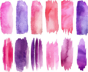 Naklejka premium Watercolor paint brush strokes set, pink and purple color palette, vector illustration on white background