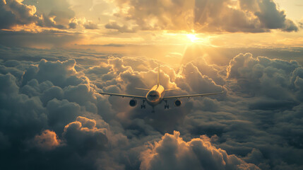 An airplane is captured mid-flight above towering clouds during a stunning sunset, embodying the essence of travel