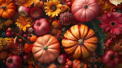 Obraz na płótnie Canvas Colorful Abstract Holiday Background with Flowers, Pumpkins, and Seasonal Elements in a Vibrant Vector Illustration